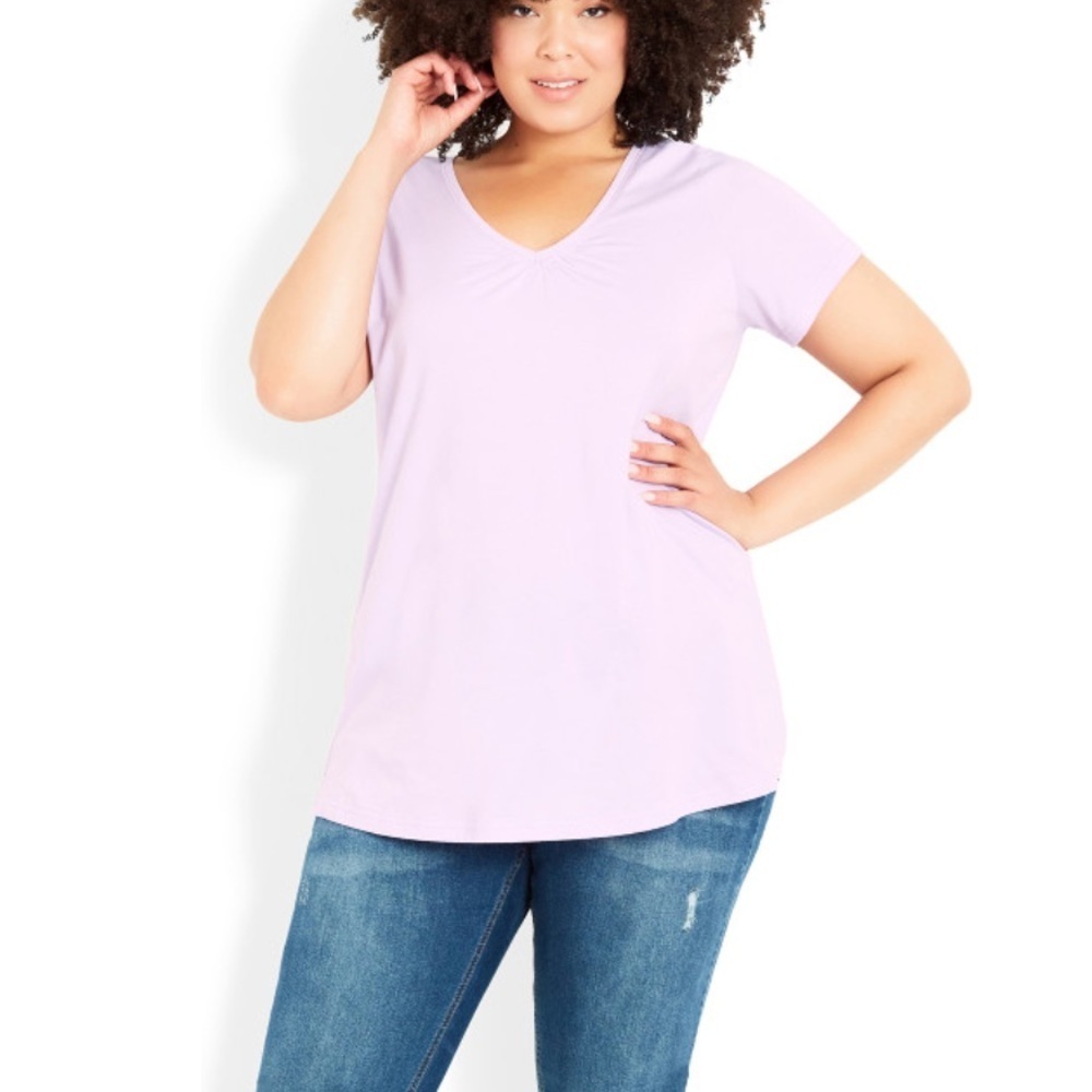 AVENUE EVANS Sasha 14W-32W Lilac Gathered V Neck Cotton Top 1LM06.5